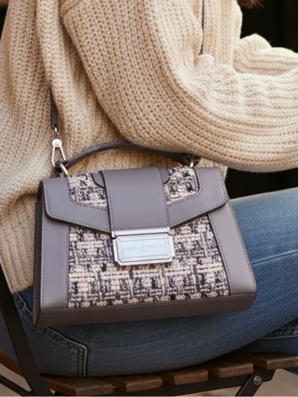 Karl Lagerfeld Light Blue Tweed Top-Handle Mini Bag. MSRP $248.00